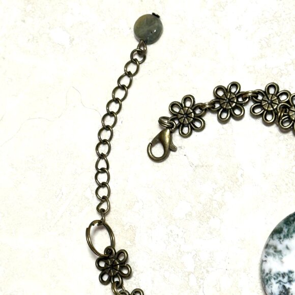 2/$20, Genuine White Green Tree Agate Bracelet, Gemstone + Antique Bronze Flower - Picture 2 of 12